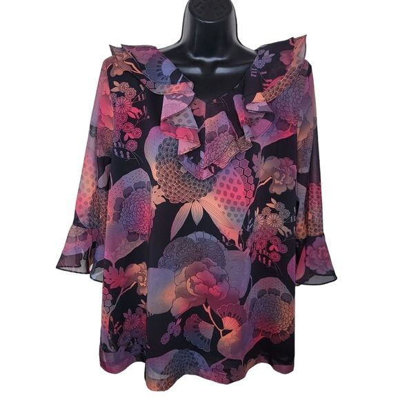 Ngoh Boutique Orginal Design Nwot floral chiffon ruffle blouse top size XL - Picture 1 of 8